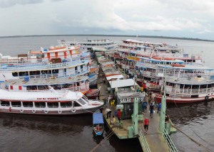 Boats tied up across from the city market, Manaus.