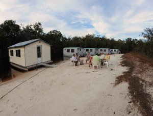 Our new sand bar.  In the foreground, the dining cabin; the rest are guest cabins.