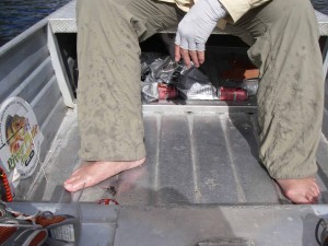 Boat leaking onto Mark's pants.