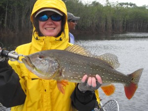 Fish caught while sweating in rain gear.