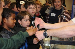 Kids reacting to a sea lamprey.