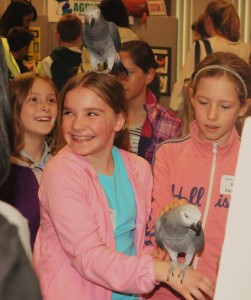 Girl with parrots.