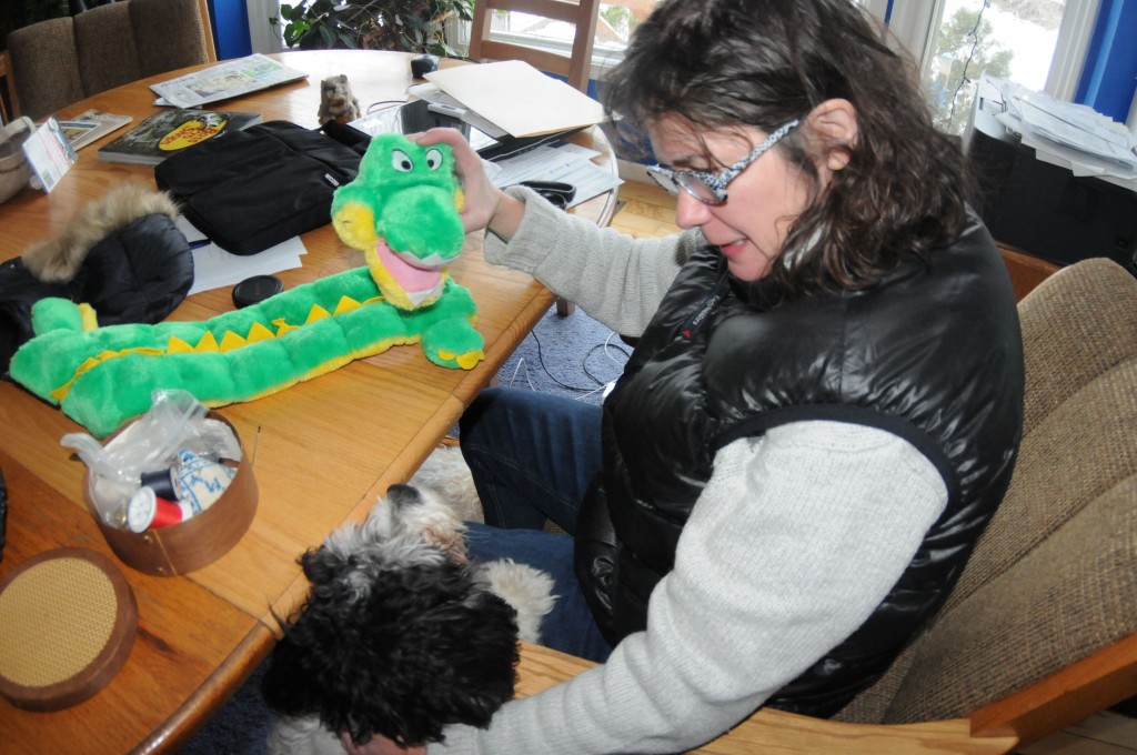 Love is sewing a dog toy.